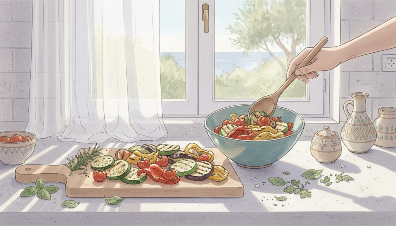 apprenez à préparer un bowl méditerranéen savoureux aux légumes grillés, une recette saine et facile pour un repas équilibré et plein de saveurs.