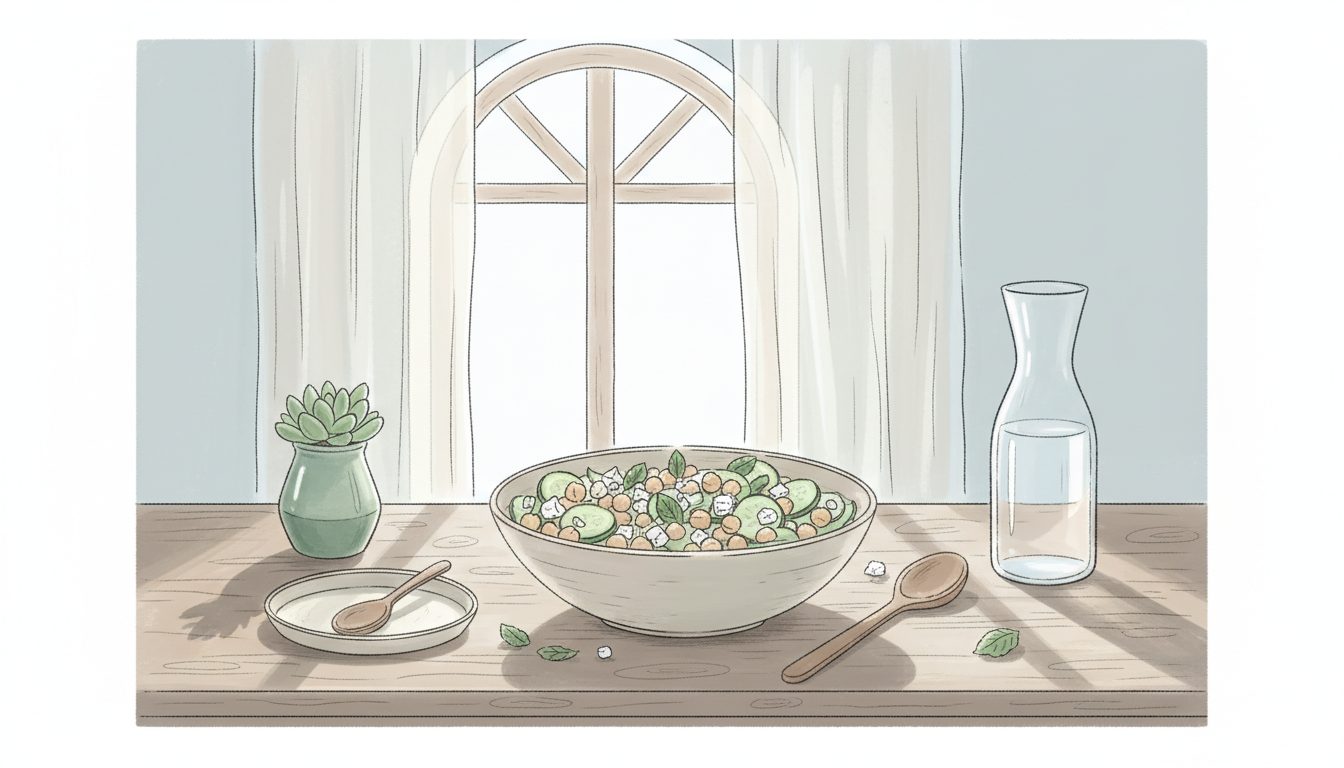 découvrez une recette saine et rapide de salade complète avec pois chiches, concombre et feta, idéale pour un repas équilibré et savoureux.