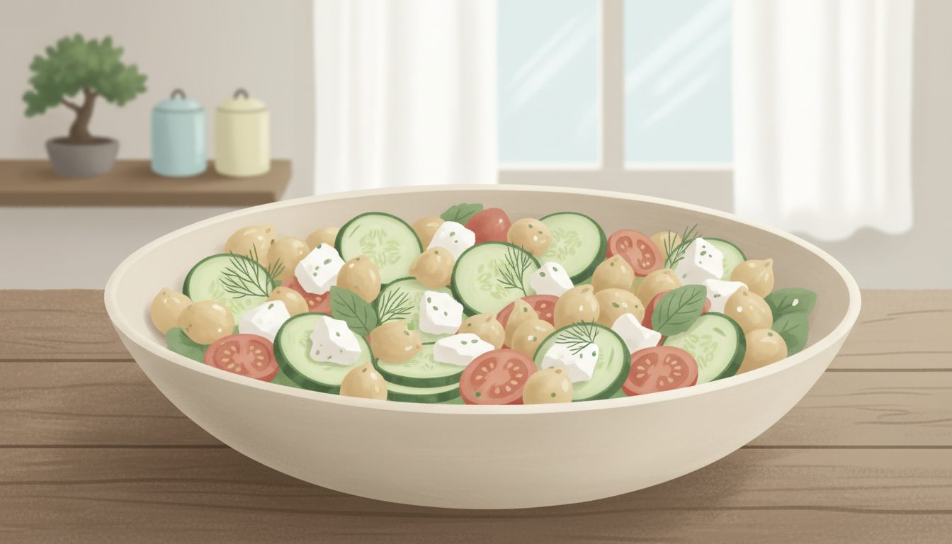 découvrez notre recette saine et rapide de salade complète aux pois chiches, concombre et feta, idéale pour un repas équilibré et savoureux.