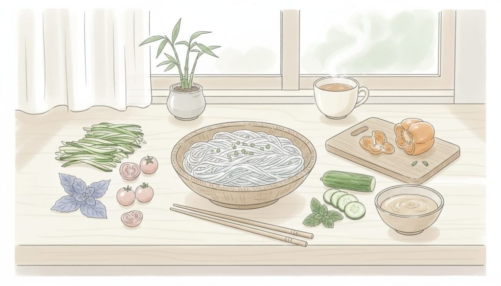 découvrez une recette facile de nouilles de riz, idéale pour un repas sain et savoureux, rapide à préparer et pleine de saveurs.